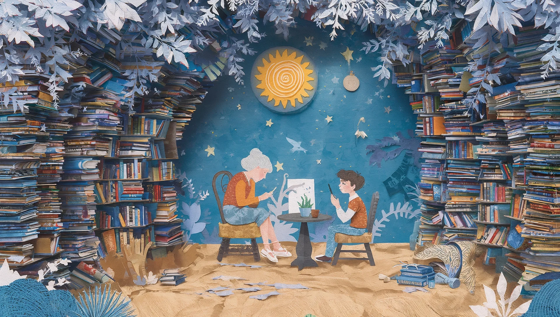 Sobre la mesa hay un libro abierto lleno de hermosas caligrafías. Junto a él hay un tintero de plumas con una pluma mojada.