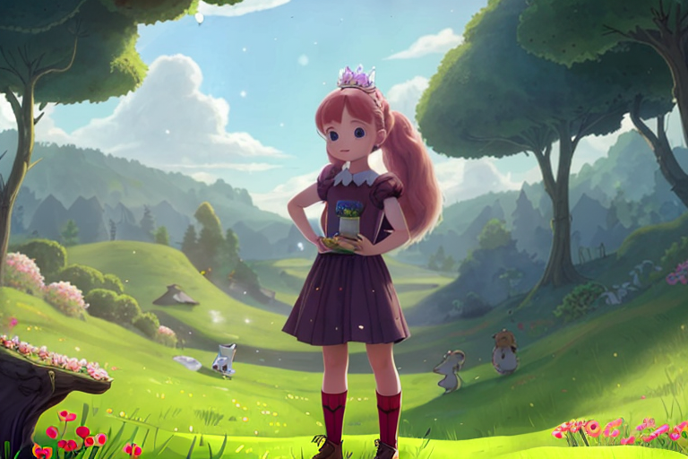 A young girl named Poppy, her talking squirrel companion Sprinkle, and a mischievous sprite, standing in a meadow surrounded by a lush forest. Poppy holds a mysterious glowing map in her hands, and they are all looking off into the distance with a sense of wonder and anticipation. The sun is shining brightly in the sky.